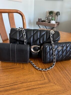 Coach Black Quilted Leather Shoulder Bag with Silver Chain with matching wallet